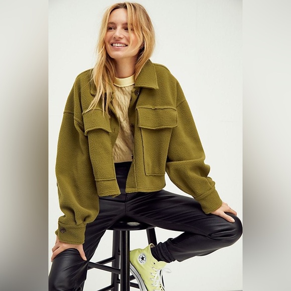 Free People Olive Green Button Up Fleece James Jacket Size L - Picture 15 of 16